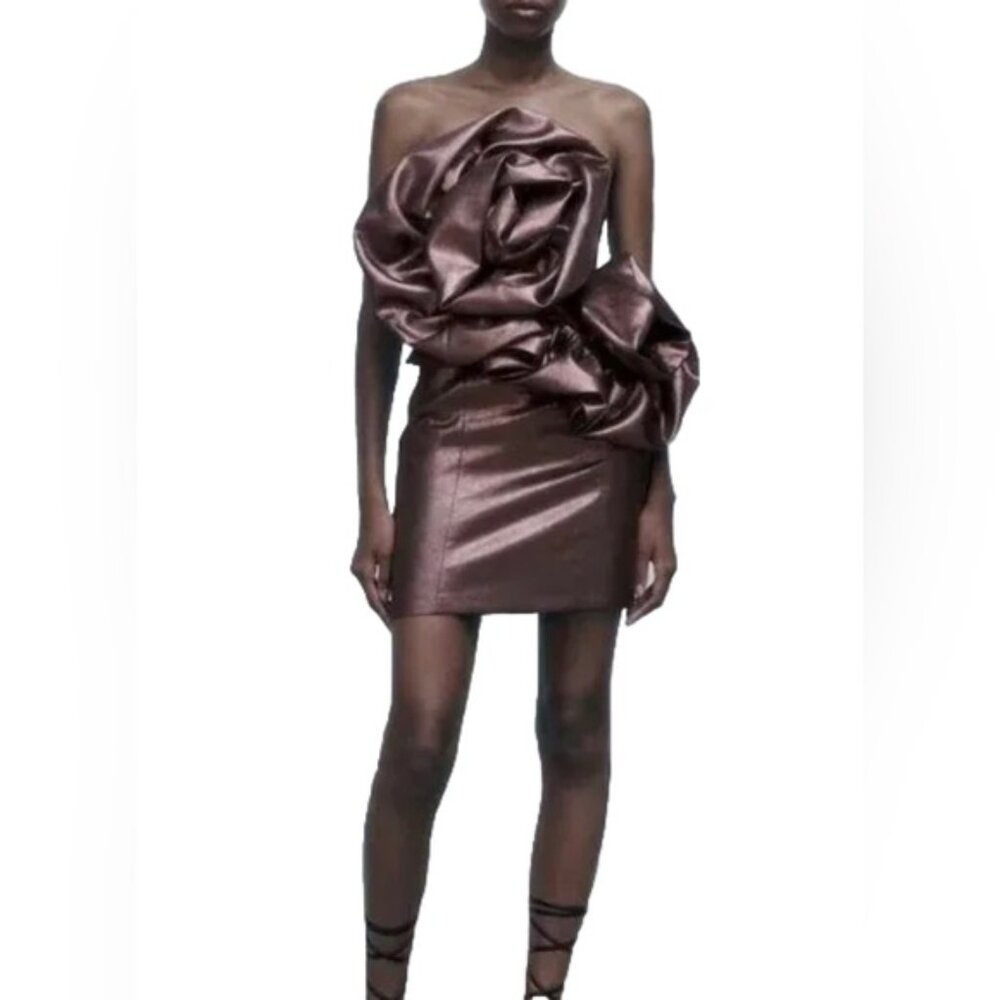 NWT ZARA Voluminous Flower Strapless Mini Metallic Dress CrossStraps 7699/308 XS
